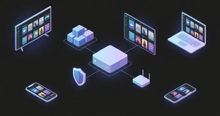 Isometric illustration of a home media server linked to stacked containers, a reverse proxy shield and a router, streaming a media library to a TV, monitor, laptop and two phones